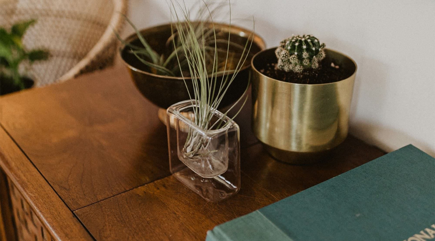 a dresser with a vase of plants on top